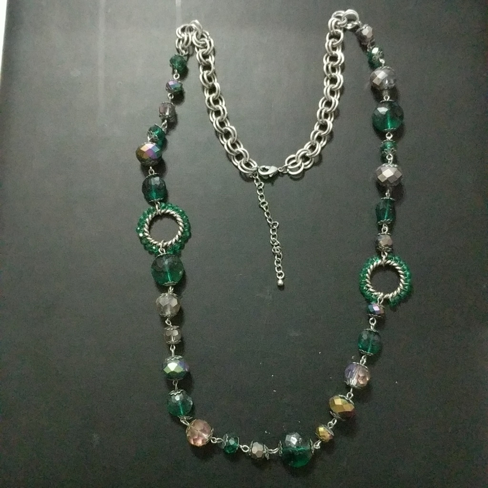 Silver Tone Green Beaded Wire Wrapped Long Statement Necklace